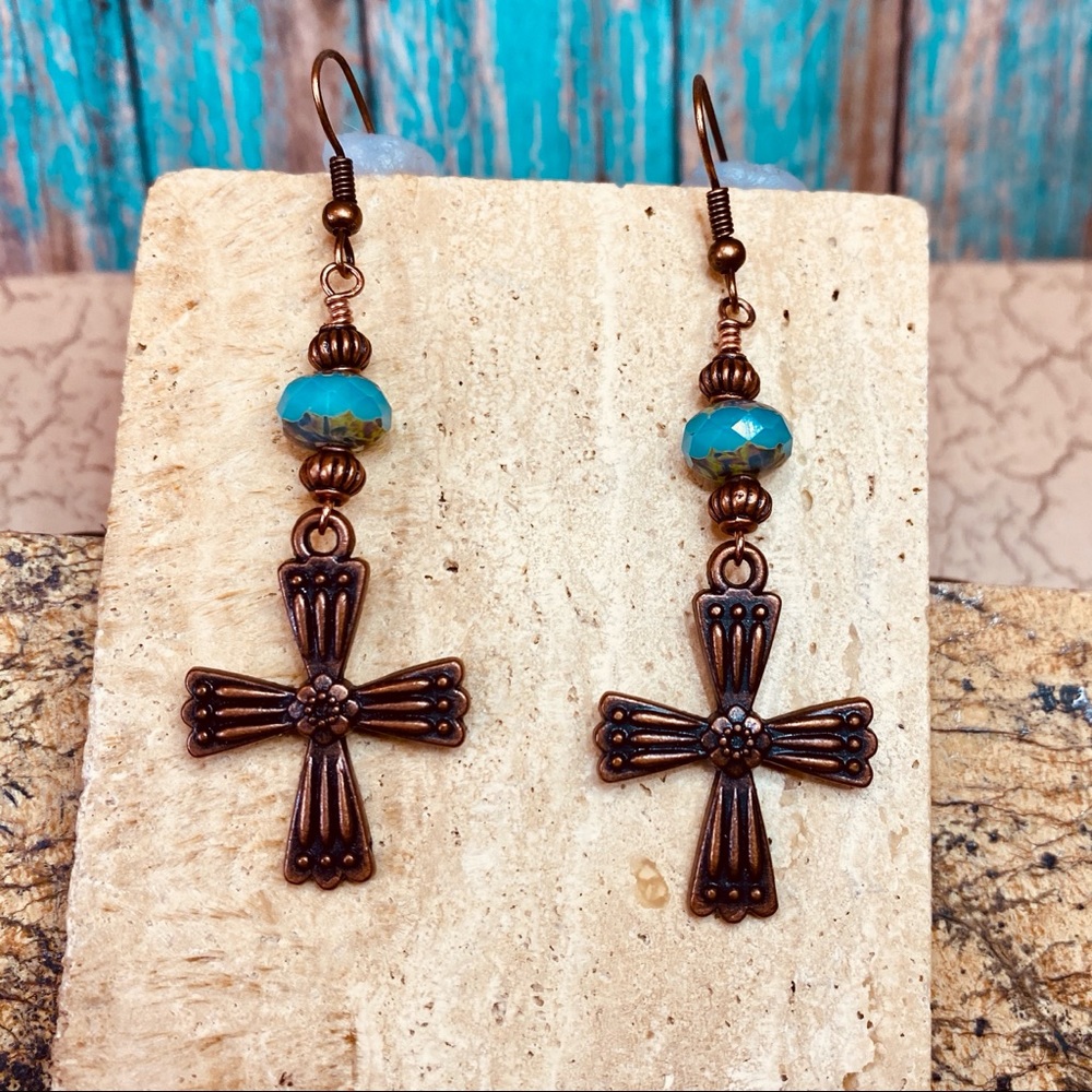 Copper Cross & Turquoise Czech Glass Earrings
